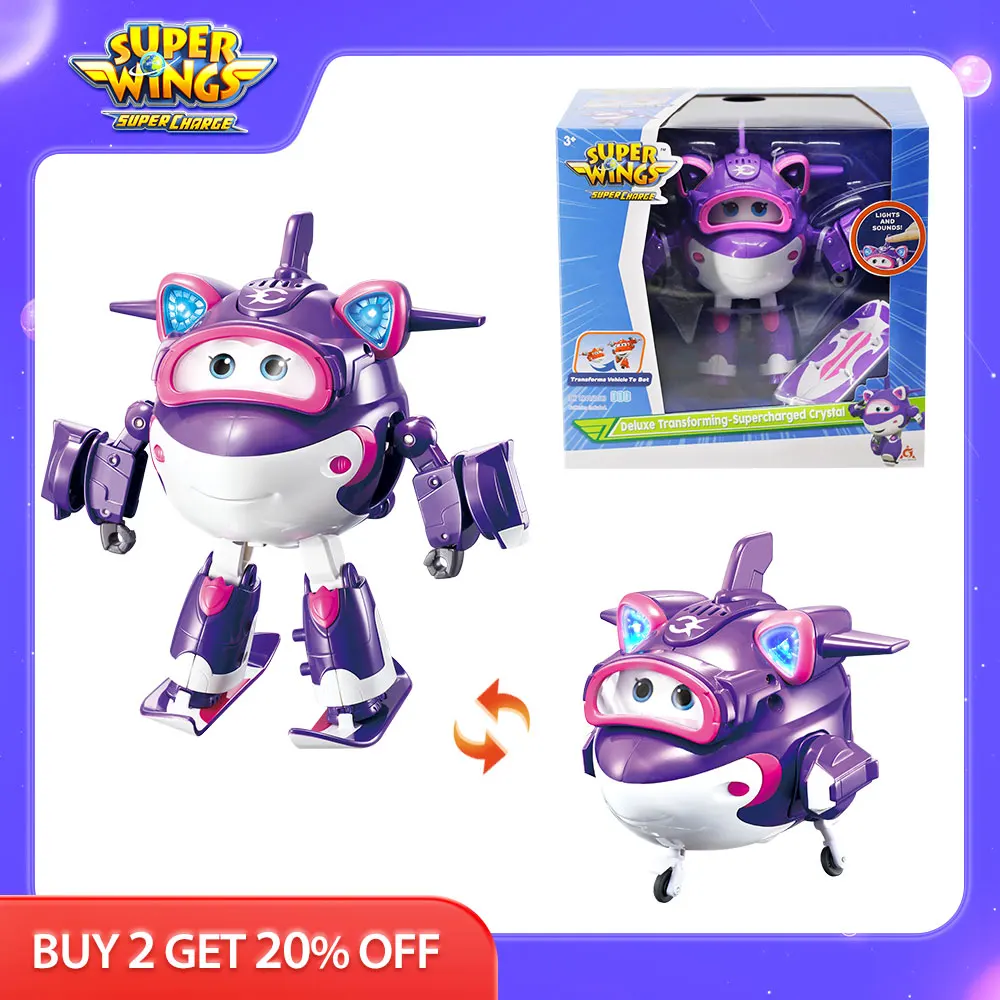 Super Wings 6 ''cristallo sovralimentato Deluxe che si trasforma con sci, suoni e luci deformazione Robot Action Figures giocattoli aerei