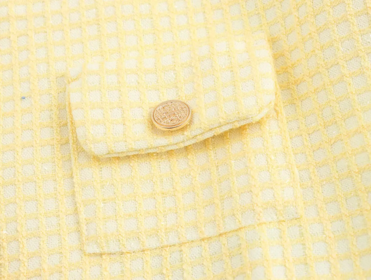 Abrigo de tweed a cuadros amarillo con cuello redondo para otoño, chaqueta corta vintage con bolsillos delanteros y botones dorados para mujer, chaqueta elegante