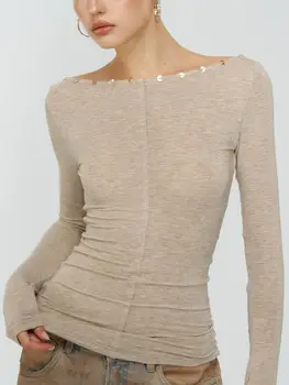 Autumn V-neck New Off Shoulder Base Shirt Long Sleeved Elegant Top Women's Slim Fit T-shirt 1