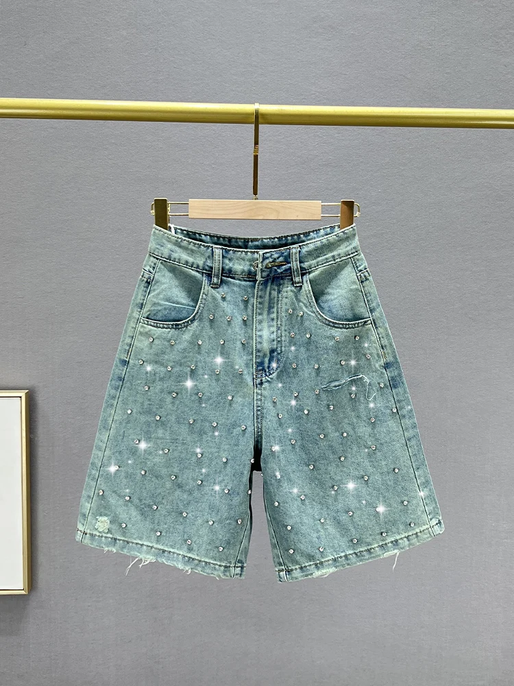 Exquisite Rhinestone Denim Shorts Women's Trousers 2024 New Summer High Waist Loose And Slimming Wide Leg Pants Breeches Female