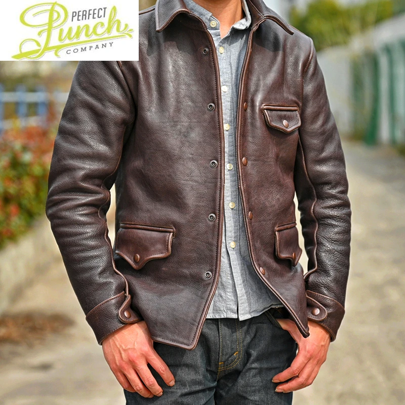 

Мужская кожаная куртка в стиле ретро, повседневная облегающая куртка из воловьей кожи, Lq703