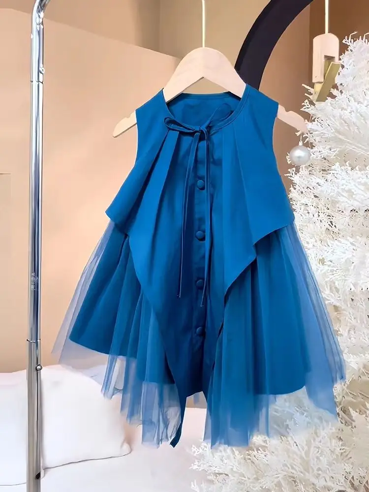 فساتين صيفية للأطفال موديل 2025 بدون أكمام غير منتظمة للفتيات فستان الأميرة الشبكي المرقعة ملابس أطفال ملابس أطفال 4 5 6 7 8 9