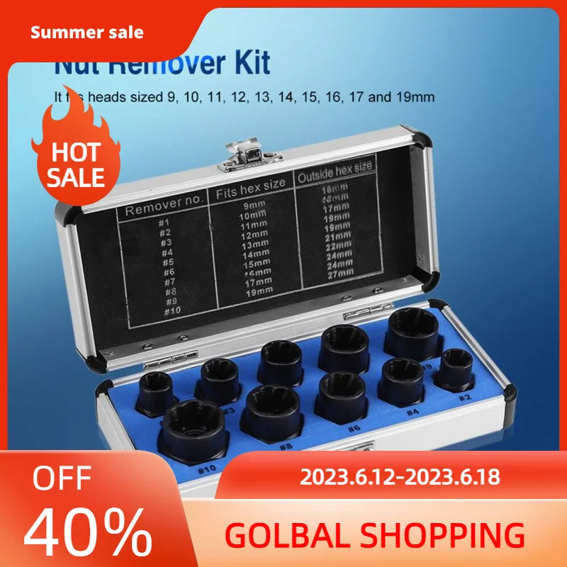 10pcs Nut Removal Tool Damaged Lug Nut Lock Remover Twist Socket Set