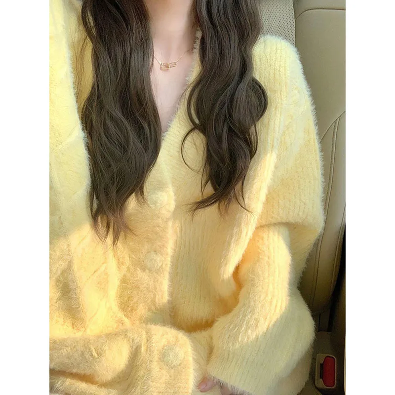 GIDYQ 여성용 가디건 스웨터, 한국 스위트 옐로우 V넥, 부드러운 니트 점퍼, 단색 프레피 스타일, 싱글 브레스트 긴팔 상의