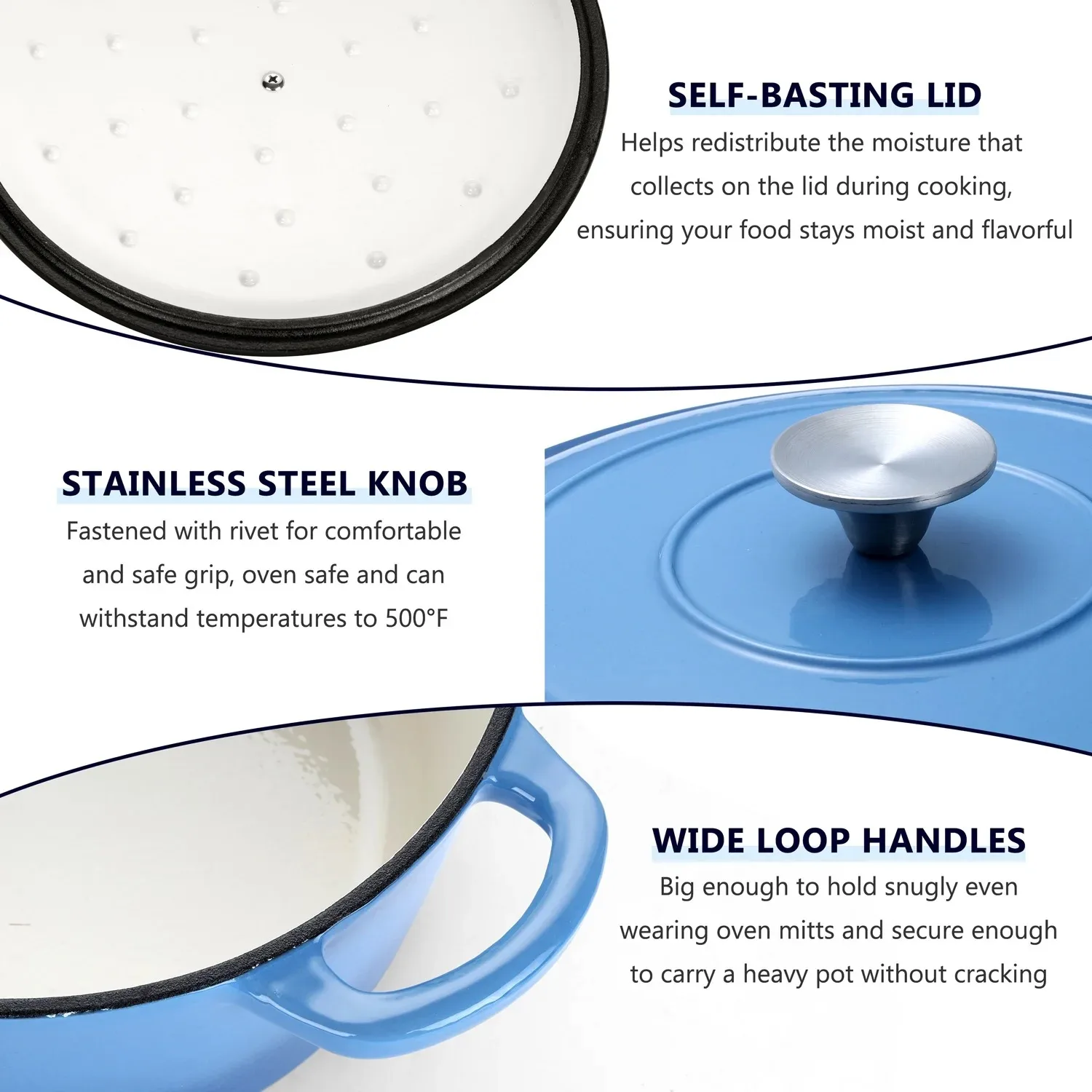 Description Picture 5 of item6 Quart Enameled Cast Iron Dutch Oven with Lid, Round Dutch Oven Pot with Dual Handles for Bread Baking Stewing Roasting Blue