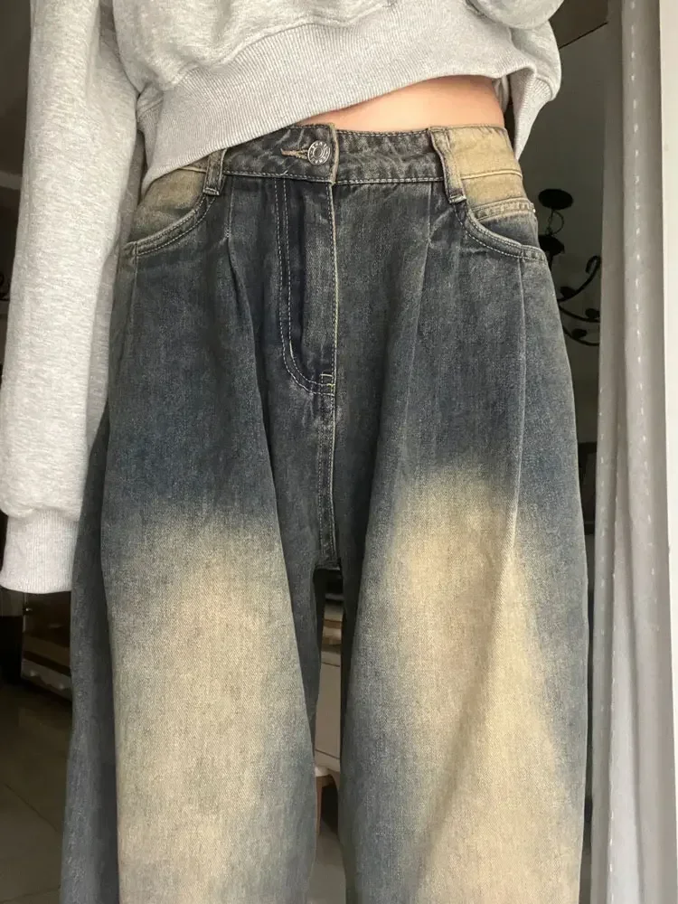 

American Vintage Yellow Mud Dyed Distressed Jeans Women Spring Autumn New Straight Drape Slimming Wide Leg Casual Trousers