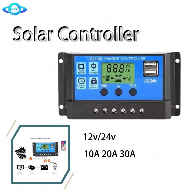 Auto Regulador de Carga da Bateria Controlador do Painel Solar Controlador Pwm Lcd Dual Usb pv Casa 10a 20a 30a 12v24v