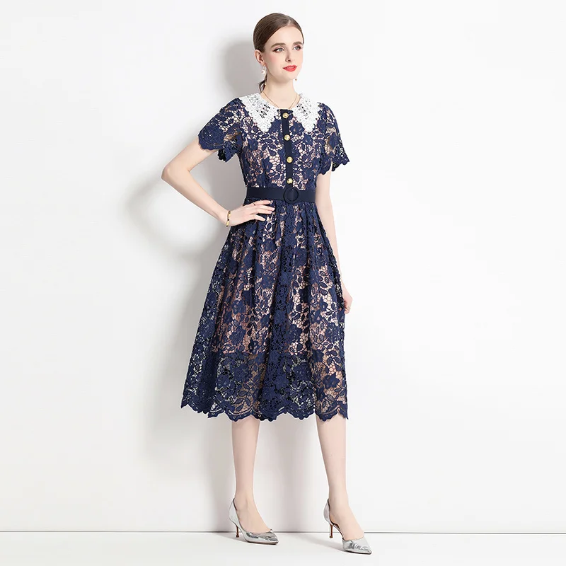 

Summer Flower Embroidery Lace Dress Women White Peter Pan Collar Gold Button A Line Midi Long Evening Prom Vestidos High Quality