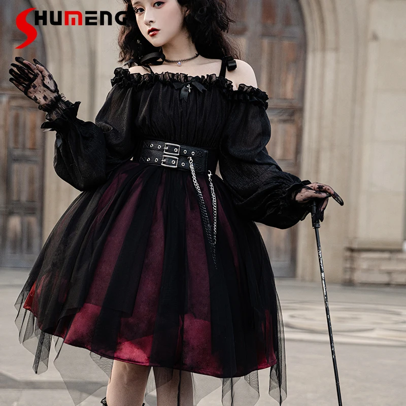 

Lolita Dress Halloween Daily Simple Gothic Goth Full Set Op Black Off Shoulder Dress for Women High Waist Long Sleeve Mesh Dress