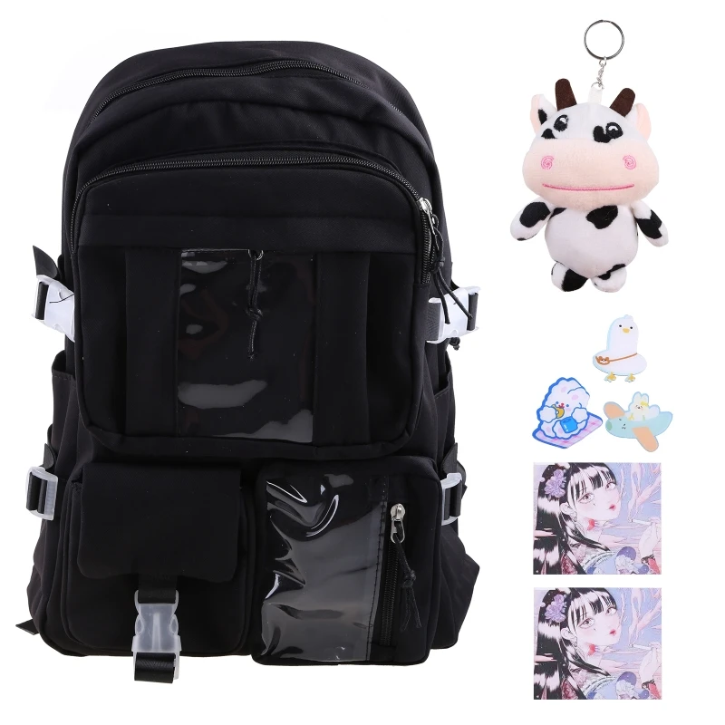 Women Girls Student Backpack Harajuku Japanese Aesthetic Multi-Pocket School Bag with Pendant Laptop Book Pack School