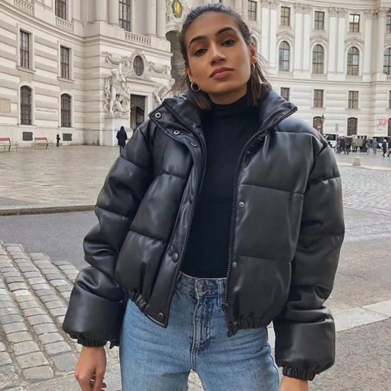 

2023 New Winter PU Leather Short Parkas Women Fashion Black Thick Warm Casual Zipper Short Cotton Jacket Outwear q661