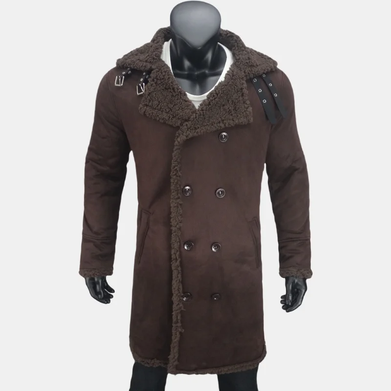 Winter Men's Long Trench Fleece Suede Faux Fur Double Breasted Coat Jacket S-5XL