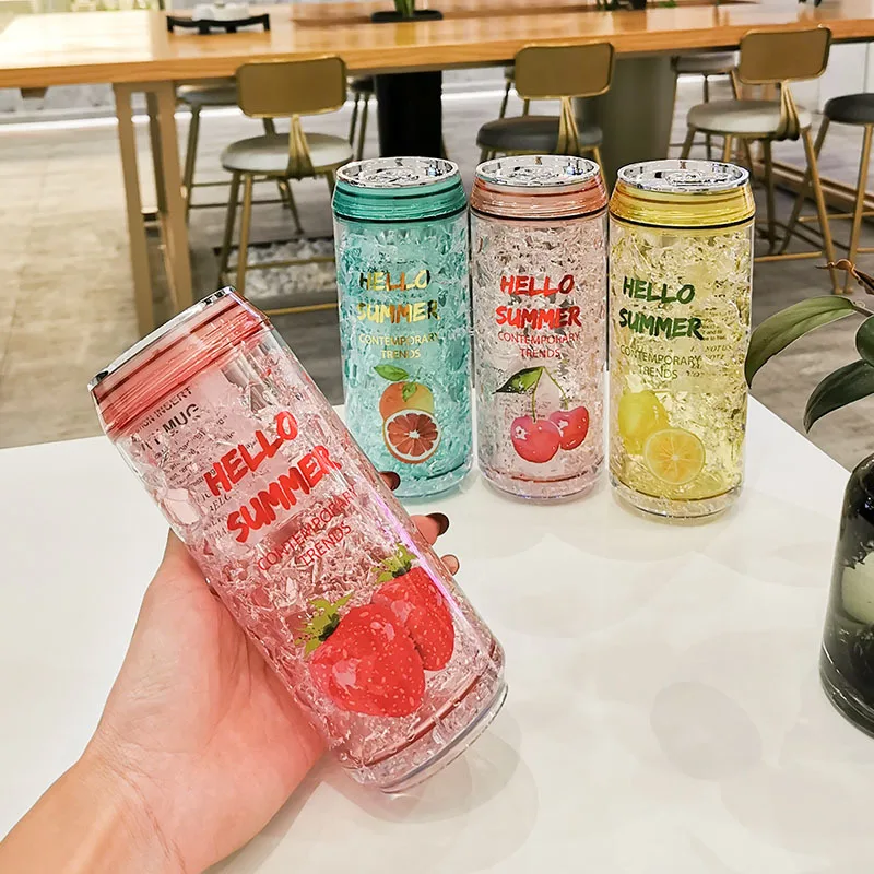 Crack Style Refrigerator Ice Cup Cans Plastic Reusable Cup Double-Layer Plastic Water Bottle With Straw