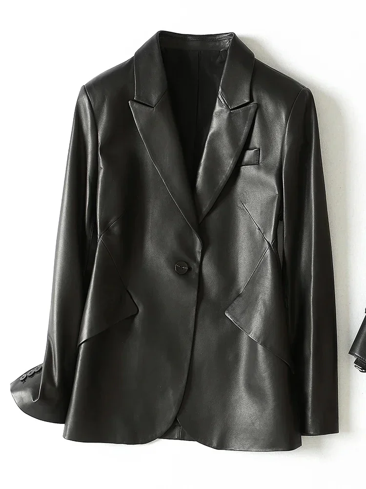 Chaqueta de cuero genuino para mujer, chaqueta de primavera y otoño de 2024, nueva moda, abrigo de piel de oveja natural de manga larga con un solo botón