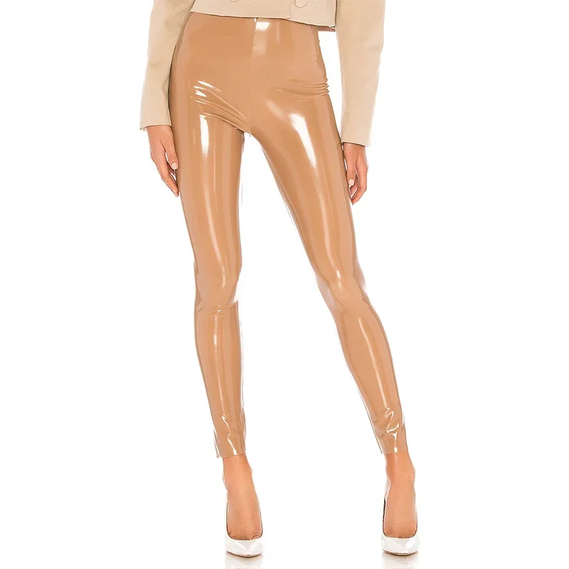 High Waist Faux Latex Seameless Legging Women Bodycon Shiny Patent Leather  Trousers Ladies PVC Stretch Slim Cropped Pants Custom