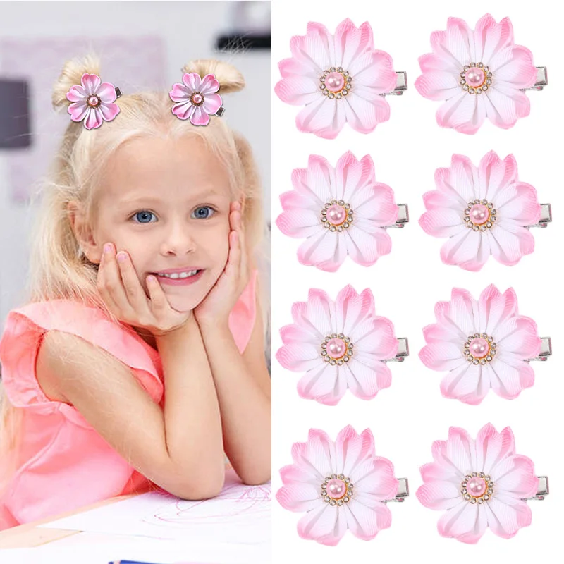 Oaoleer 2Pcs/set Sweet Girls Flower Pearl Hair Clips Fashion Handmade Ribbon Hair Pin Barrettes Kids Headdress Hair Accessories 2pcs set shining crystal hair clip for women elegant korean design snap barrette stick hairpin hair styling accessories