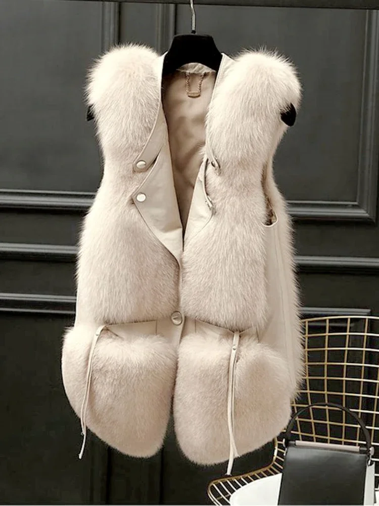 Female Waistcoat New Autumn Winter Imitation Fox Hair Vests Top Patchwork Stand Collar Sleeveless Fur Jacket Elegant Women Coat