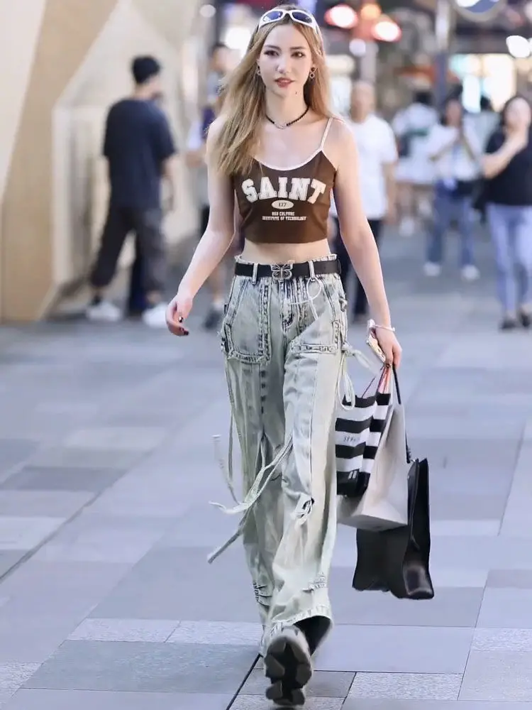 Summer 2024 New Korean Edition Small Fragrant Style Sleeveless Tank Top High Waist Wide Leg Jeans Two Piece Set for Women