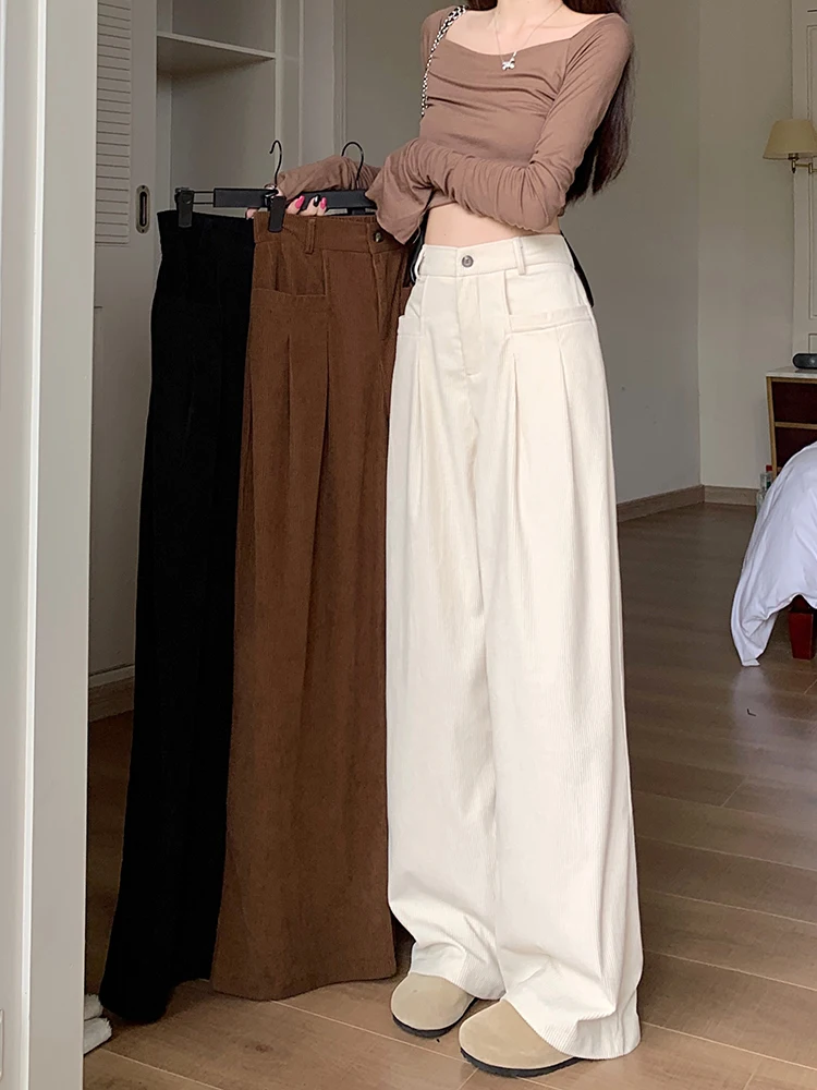 Corduroy Wide Leg Suit Pants For Women In Autumn With A Drooping Feeling High Waisted And Slim Casual Pants Loose Straight Pants