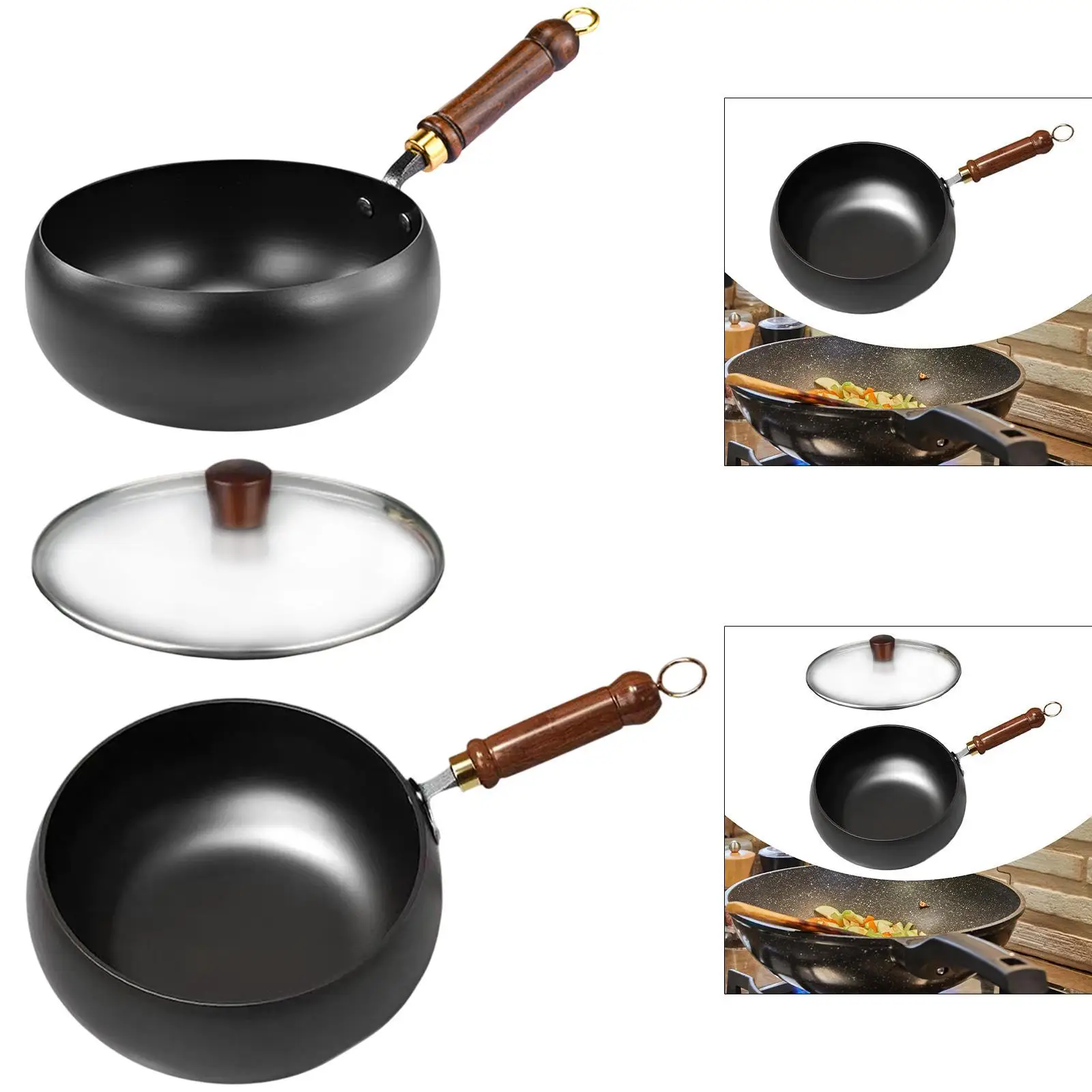 Nonstick Wok Frying Pan Wooden Handle Induction Cooker Boiling No Coating Gas Chinese Wok Flat Bottom for Kitchen Camping
