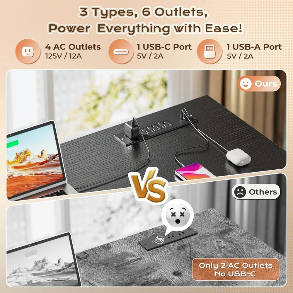 63 Inch L-Shaped Desk with Power Outlets, USB-C Port, Fabric Drawers & Movable Monitor Stand for Home Office Gaming Work