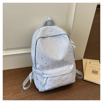 Women Star Canvas Backpack Multi-Pockets Bookbag with Bowknot Pendant Laptop Backpacks for Middle And High School Students 1