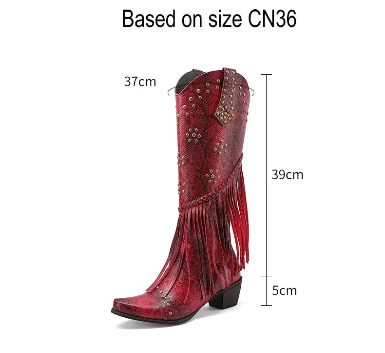 Goth Curved Toe Gold Dark Red Women Winter Fringed Shoes Knee-high Western Cowboy Woman Boots With Tassels Metal Button Studded 3 S8463cf351fad46ada1b9d822540fb6b54