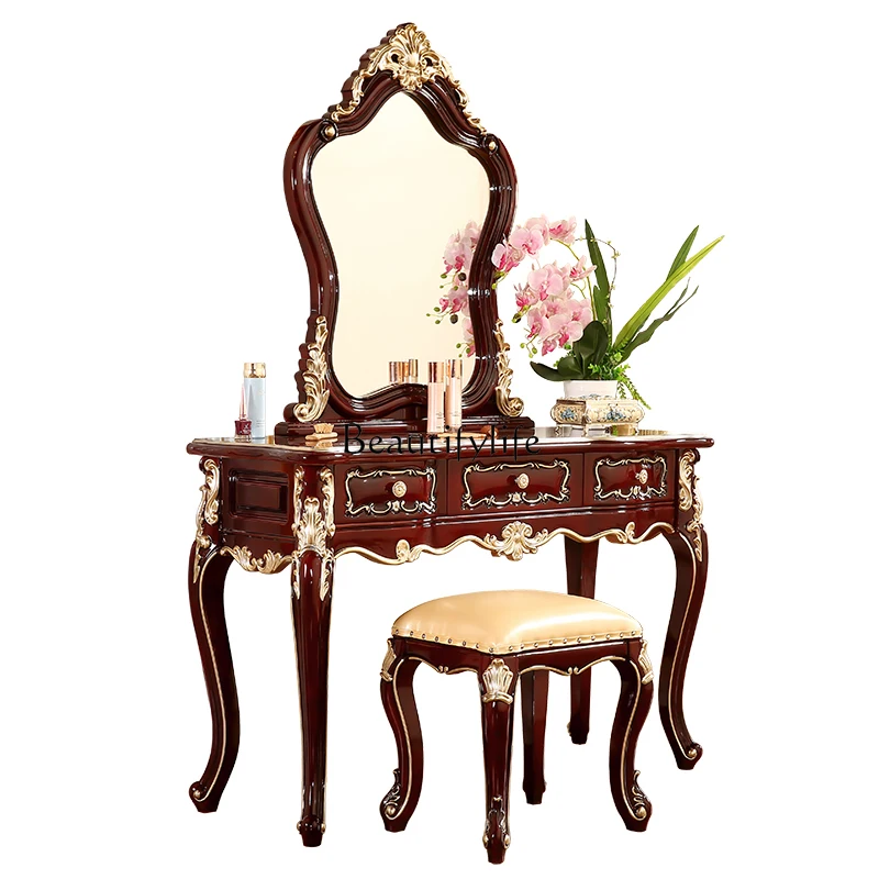 

European-Style Solid Wood Dressing Table Bedroom Luxury Villa Princess Carved Dresser with Stool