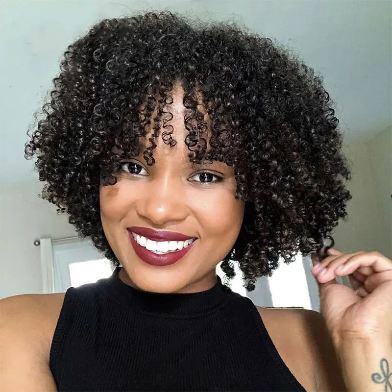 4A Afro Kinky Curly Wigs Human Hair Short Curly Human Hair Wig with Bangs Machine Made Short Kinky Wigs for Black Women human hair wigs