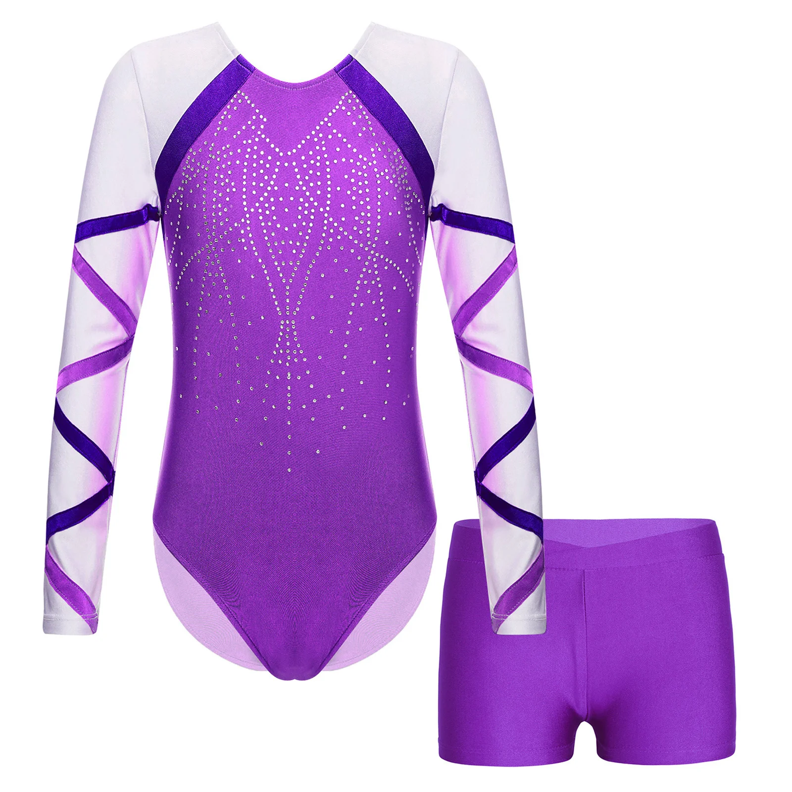 Kids Girls Ballet Gymnastics Outfit Rhinestones Rhythmic Gymnastic Leotard Bodysuit with Shorts Teens Stage Performance Clothes
