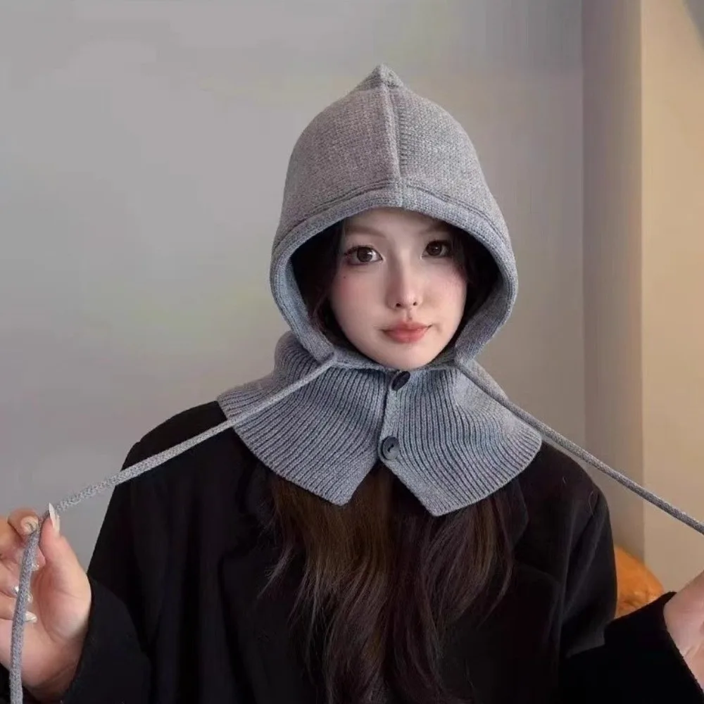 New Warm Knitted Scarf And Cap Set Windproof Thermal Integrated Scarf Drawstring Cap Winter