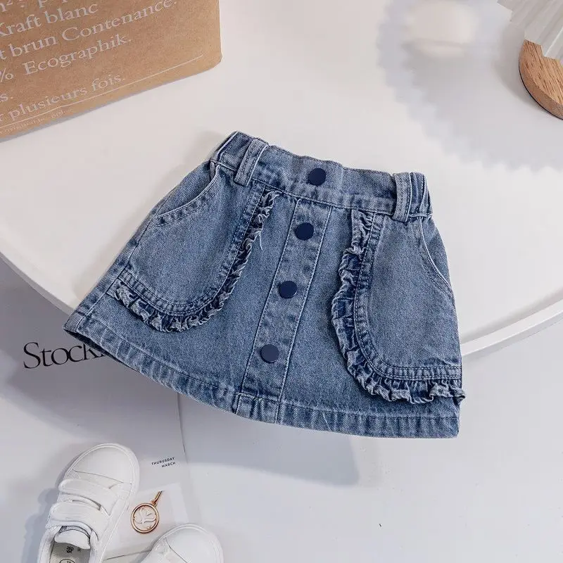 2026 Sommer 12M-6J Kinderkleidung Einreihiger Knopfverschluss Jeansrock mit Rüschentasche und elastischem Bund – Detail 4