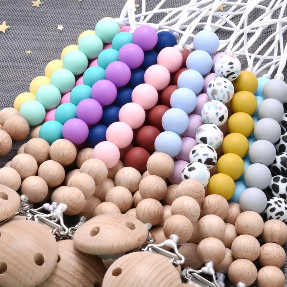 Baby Beech Pacifier Clip Round Colorful Silicone Teething Beads Food Grade Dummy Holder Soothe Chain Anti-drop Baby Nipple Chain 2