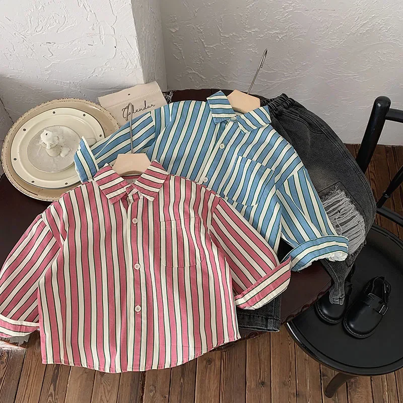 

New Spring Kids Shirt 2-7 Y Children Handsome Stripe Blouse Girls Outwear Tops