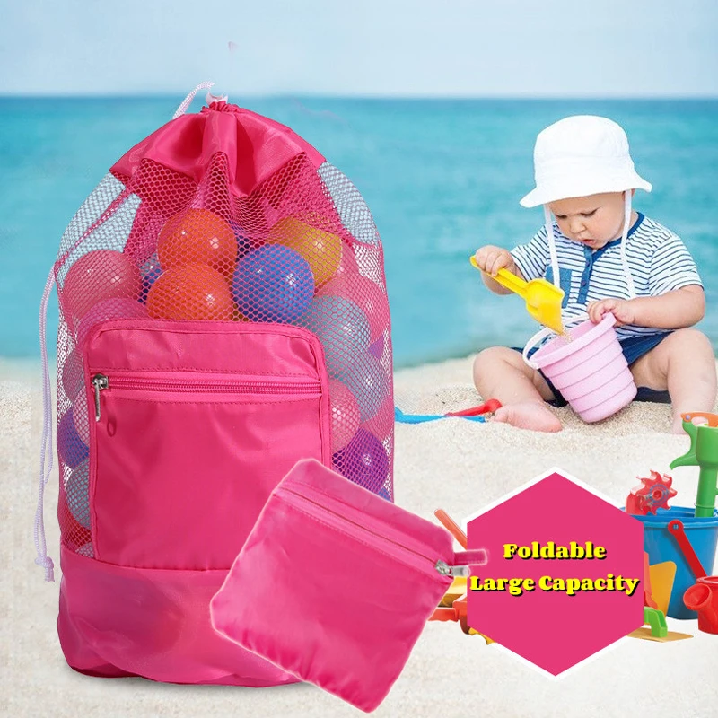 LargeCapacityFoldableBeachMeshBagBeachStoragePouchToteBag