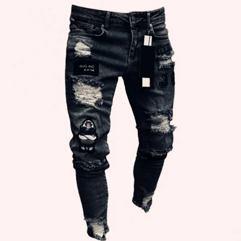 Y2K Men's Black Pencil Pants Men Hole Slim Fit High Quality Hip Hop Denim Trousers Mens Stretchy Ripped Skinny Embroidered Jeans