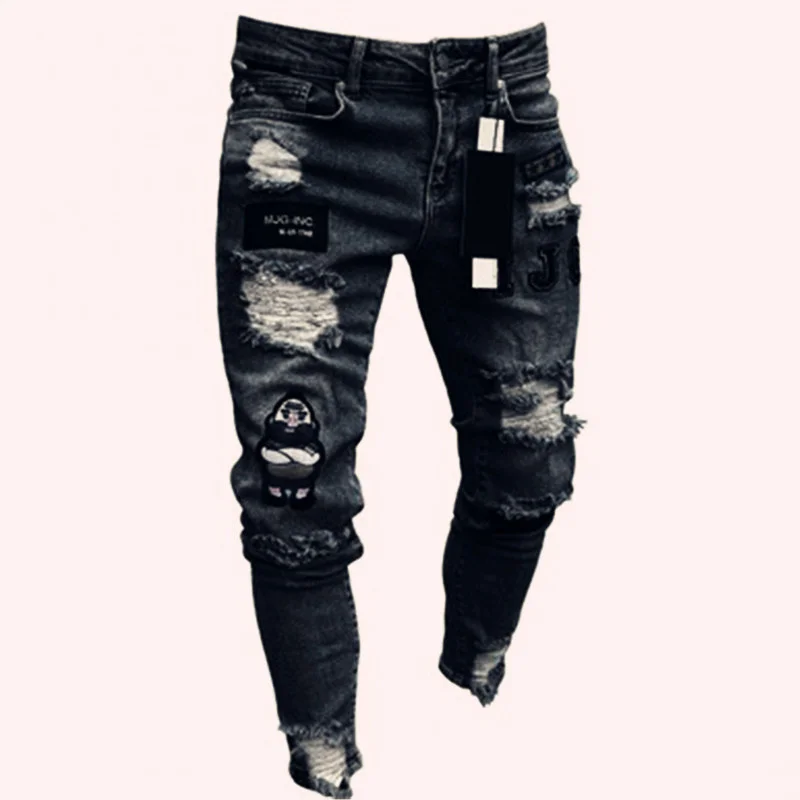 Y2K Men's Black Pencil Pants Men Hole Slim Fit High Quality Hip Hop Denim Trousers Mens Stretchy Ripped Skinny Embroidered Jeans men s black stretchy jeans skinny slim fit hot drill letter punk streetwear biker trousers man high quality denim pencil pants