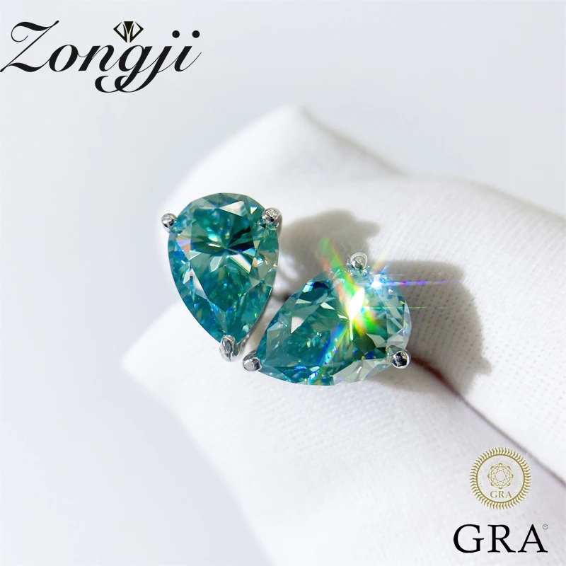 

100% Loose Moissanite Stud Earrings 4.0ct A Pair Bule-green Pear Cut 925 Sterling Silver Gemstone Wedding for Women Jewelry Gift
