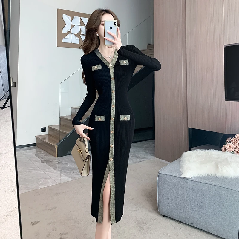 

Женское трикотажное платье-свитер с V-образным вырезом и длинным рукавом