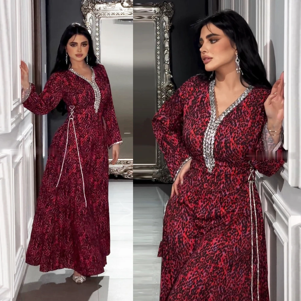 

Diamonds V-neck Dress Muslim Floral Printed Abaya Fashion Waist Rope Robe Casual Loose Gown Islamic Elegant Djellaba For Women