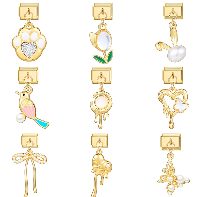 Golden Color Colored Zircon Butterfly Bird Love Heart Italian Charm Links for 9mm Bracelet Stainless Steel Diy Jewelry Making bracelet charm links