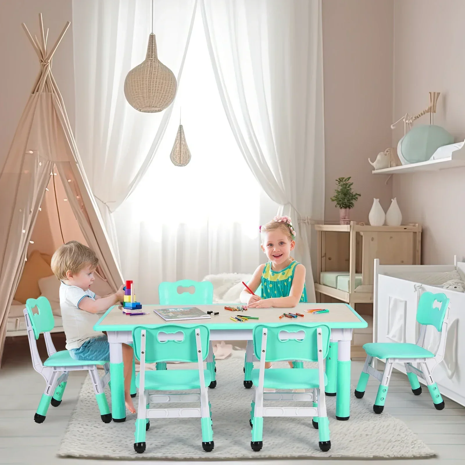 Homfa Rectangle Kids Table with 6 Chairs Set, Height Adjustable Toddler Multi Activity Table Set, Arts&Crafts Desk for 2-10 old 5