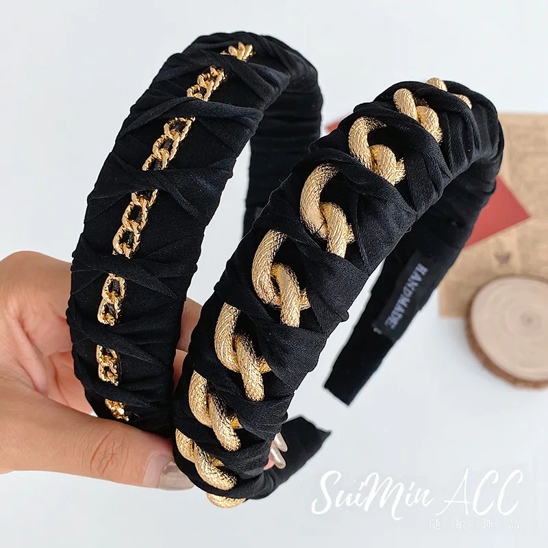 Europe Metal Chain Headbands for Women Bezel Black Hairband Female Hair Hoop Fashion Headwear Girls Hair Bands Hair Accessories