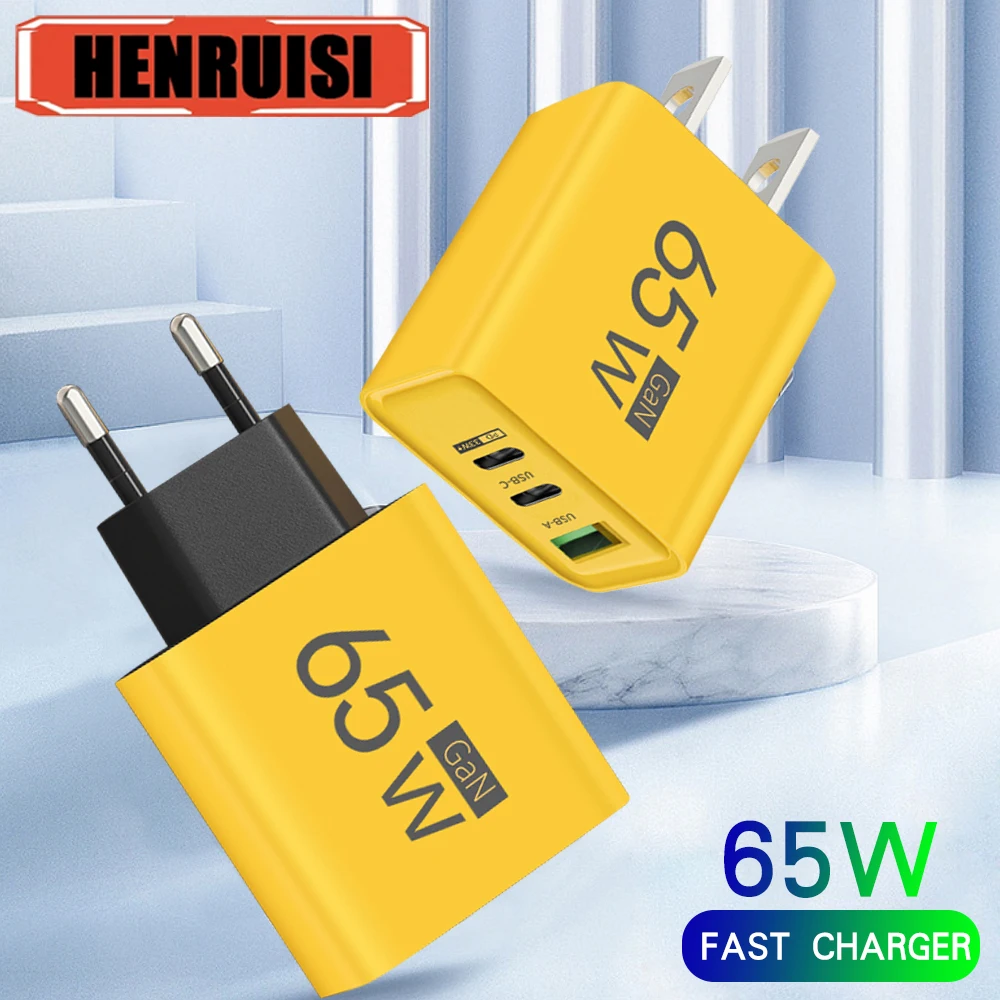 GaN PD USB Fast Charging 65W QC 3.0 3 Ports Type C EU/US Plug for iPhone Xiaomi Samsung Huawei