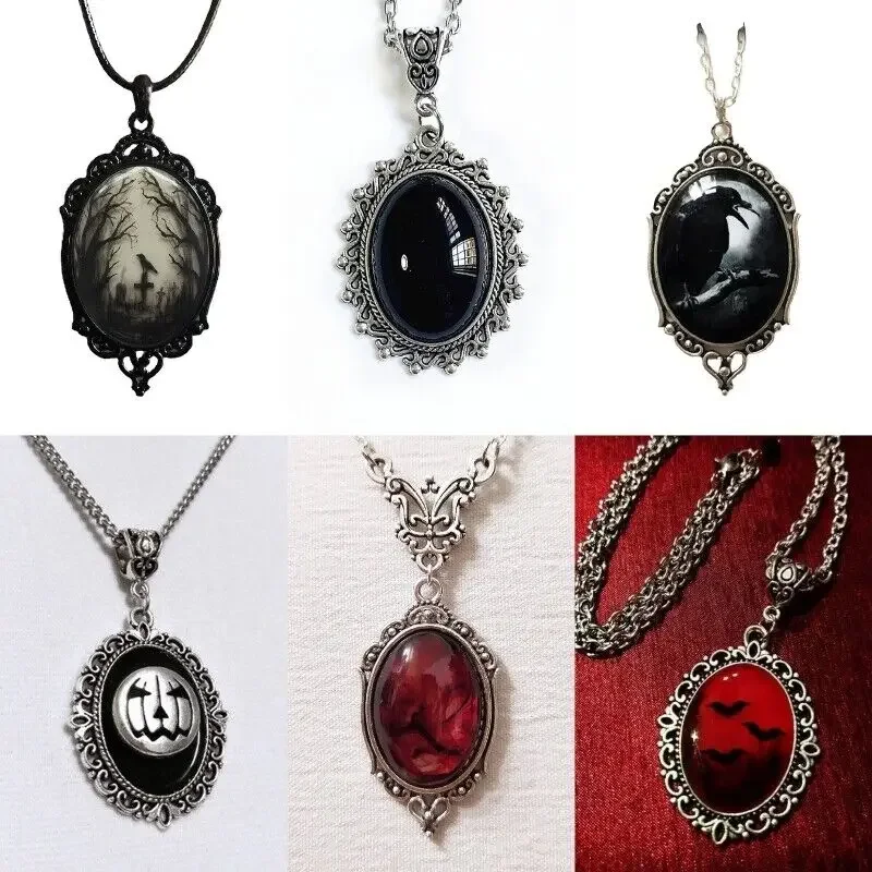 Halloween Gothic Crow Bat Pendant Oval Necklace Women Men Party Jewelry Gifts Vintage Vampire Game Jewelry 2024 New