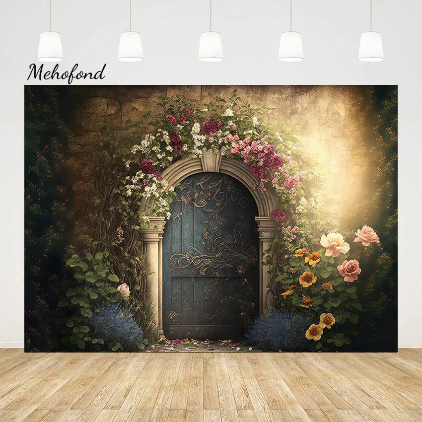 

Mehofond Photography Background Outdoor Floral Grass Child Birthday Party Retro Oil Painting Flower Door Backdrop Photo Studio