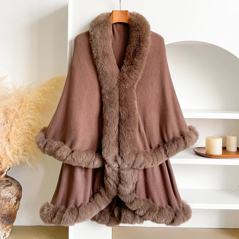 New Winter Thicken Mink Wool Full Trims Faux Fur Cape for Women - Hooded Loose Fleece Cloak Coat Party Dress Wraps Warm