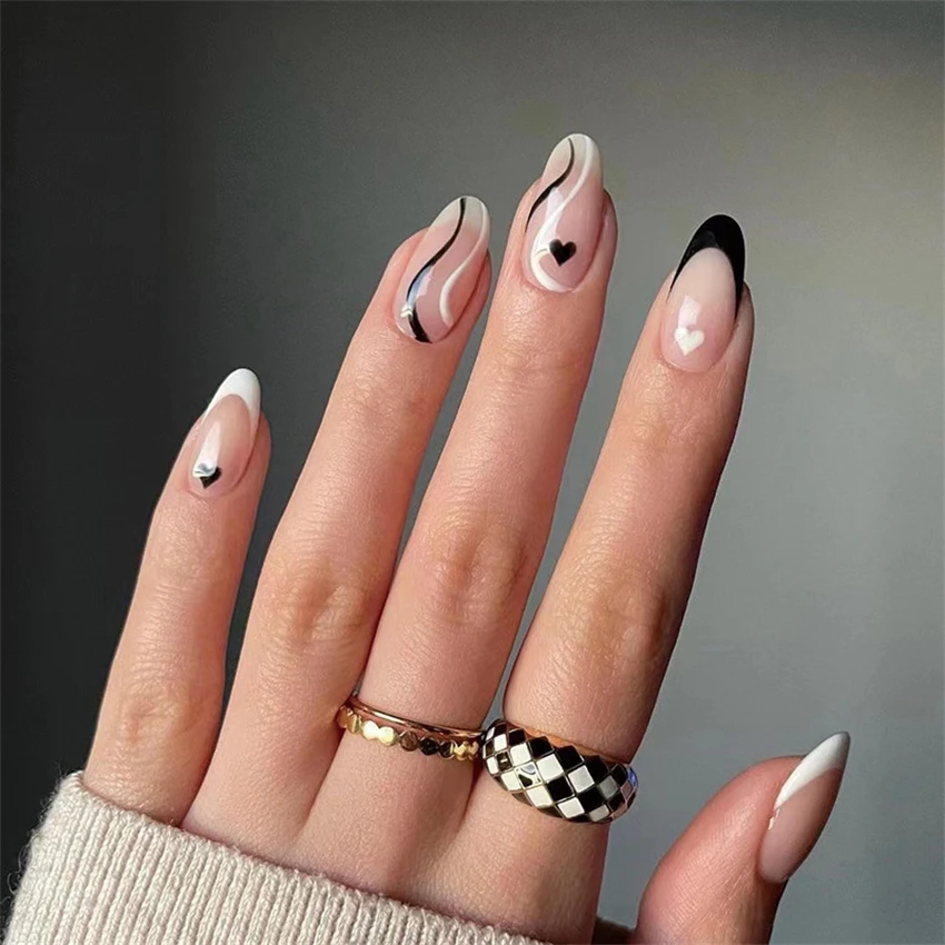 

24pcs Black White Heart Removable Fake Nails Art Reusable Press On Nail With Designs Full Coverage Waterproof False Nails Set