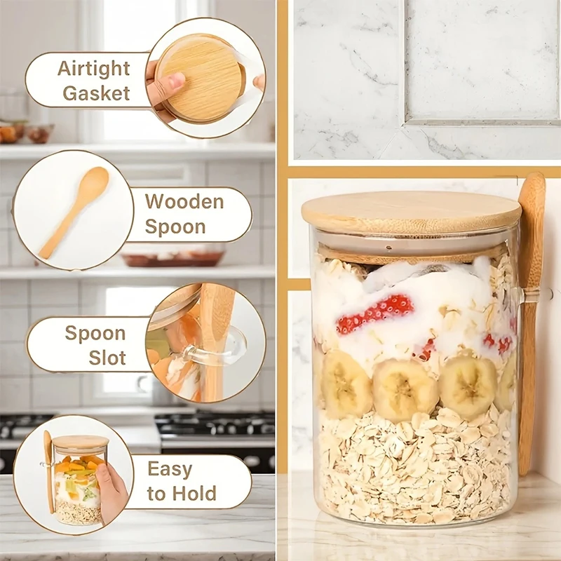 Glass Jars with Bamboo Lids and Spoons Spice Beans Tea Glass Canisters Sealed Container for Yogurt Oatmeal Kitchen Accessories 4