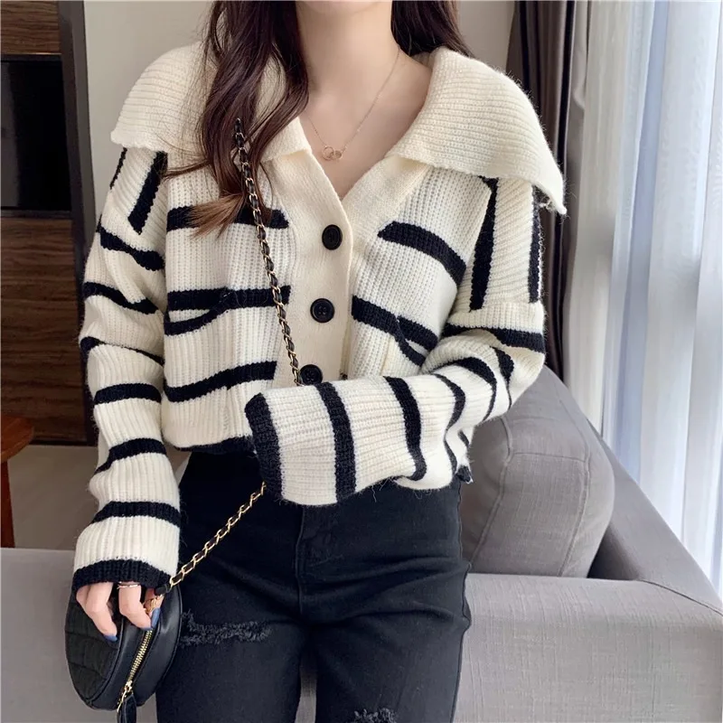 

Striped Knitted Cardigan Women Fall Winter New Lapel Single Breasted Casual Sweater Ladies Oversized Jumpers